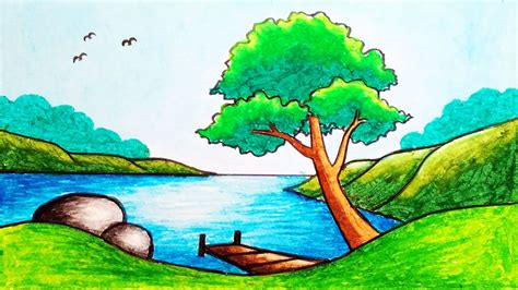 How To Draw Easy And Beautiful Lake Scenery Drawing For Beginners Youtube