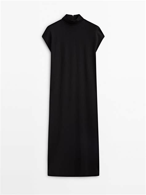 Massimo Dutti High Neck Midi Dress With Short Sleeves Black