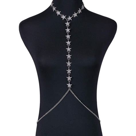 Rhinestone Star Bikini Harness Body Chain With Choker Sexy Belly Waist Chain Beach Nightclub