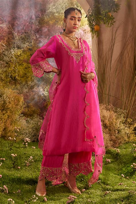 Buy Pink Silk Organza Dabka Embroidery Glass Mor Bloom Kurta Palazzo