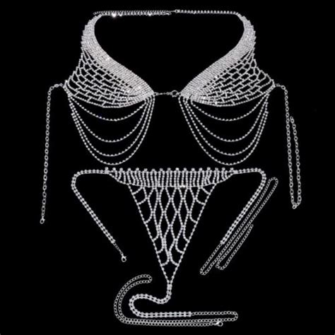 Sexy Tassel Bikini Body Chain G String Thong Bra Set Women Rhinestone