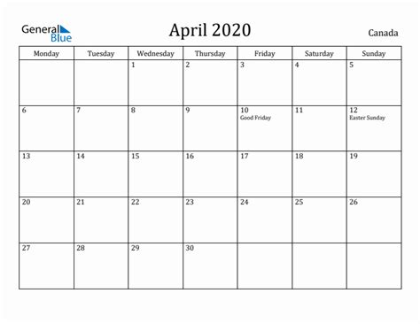 April 2020 Canada Monthly Calendar With Holidays