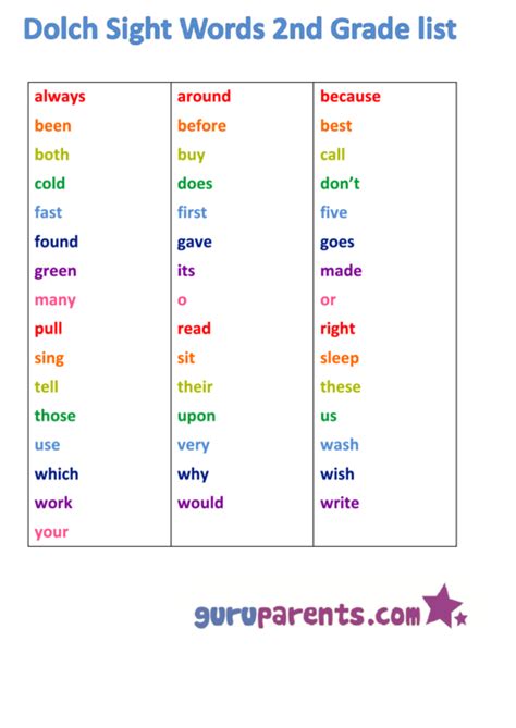 2nd Grade Sight Words Printable