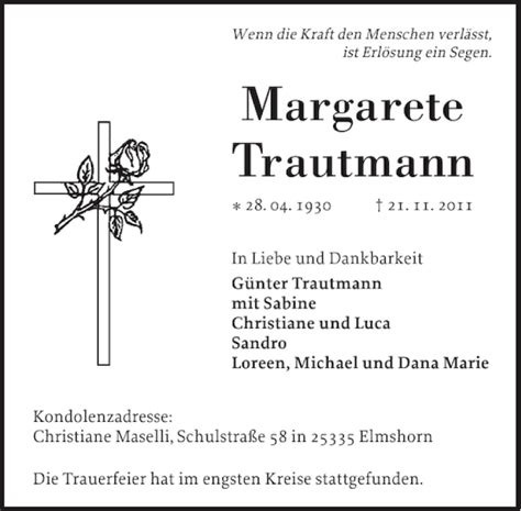 Traueranzeigen Von Margarete Trautmann Sh Z Trauer