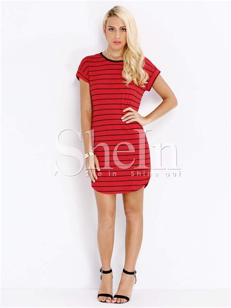 Red Short Sleeve Striped Dress Sheinsheinside