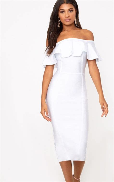 White Bandage Frill Bardot Midi Dressshow Off Your Killer Figure In