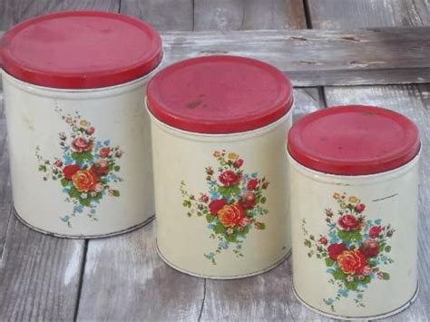 Vintage Kitchen Canister Tins Painted Metal Cansister Set W Flowers Vintage Kitchen Vintage