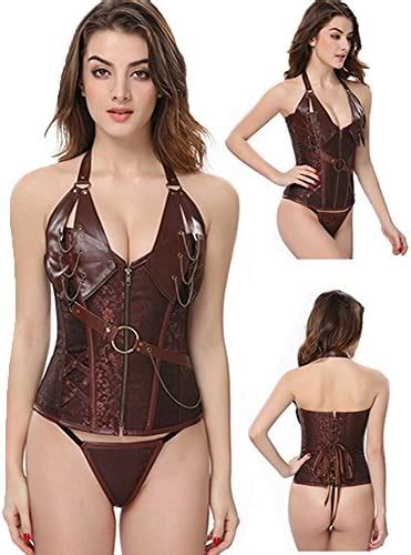 WONDER BEAUTY Mujer Steampunk Vintage Corset Sexy Faux Cuero Negro Top