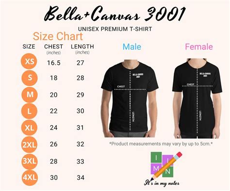 Bella Canvas 3001 Unisex Premium T Shirt Size Chart Etsy Cricut