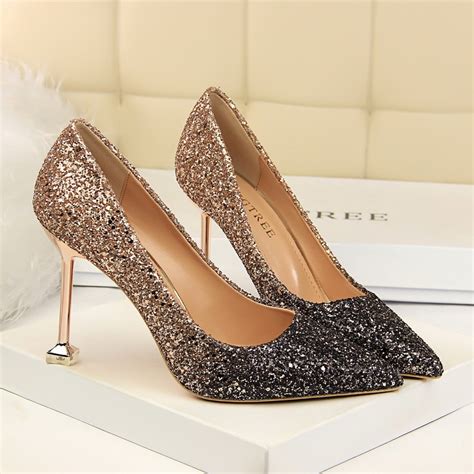 Rose Gold Glitter High Heels For Women Affordable Shimmering Golden Pumps