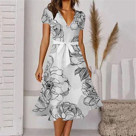 Soighxzc Dresses For Women 2024 Elegant A Line V Neck High Waist Floral