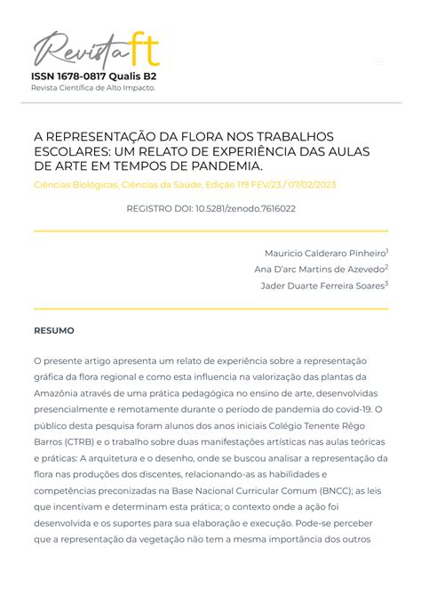 PDF A REPRESENTAÇÃO DA FLORA NOS TRABALHOS ESCOLARES UM RELATO DE