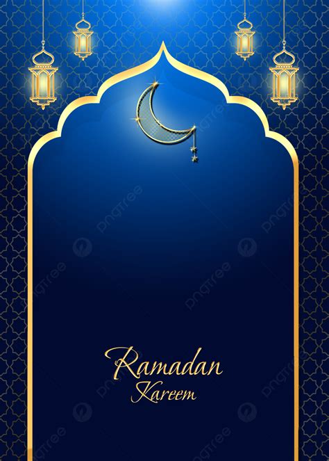 Blue Islamic Background With Luxury Golden Lantern Moon And Ramadan