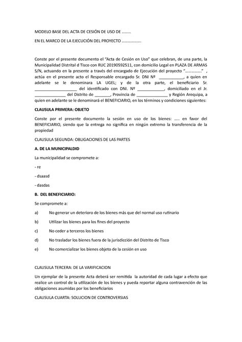 Modelo BASE DEL ACTA DE Cesión DE USO PARA RNTIDADEES PUBLICAS MODELO