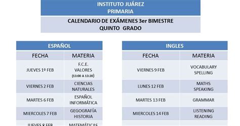 Instituto Ju Rez Primaria Calendario Ex Menes Iii Bimestre