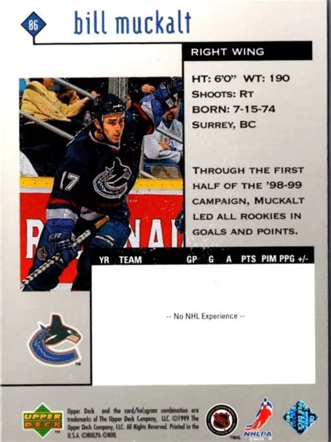 CARTE DE HOCKEY 1998 Upper Deck Noir Diamant Muckalt 86 Vancouver