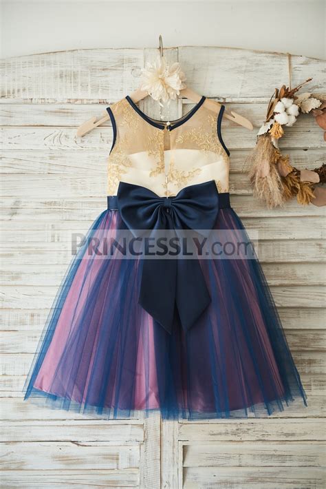 Gold Lace Navy Blue Tulle Mauve Lining Flower Girl Dress W Belt Bow