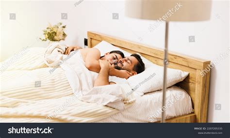 Beautiful Smiling Couple Hugging Bed Morning Stock Photo 2207205335 ...