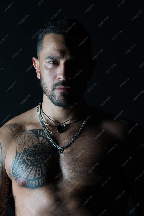 Premium Photo Bearded Man With Tattooed Chest Man With Sexy Muscular Torso Fit Model With