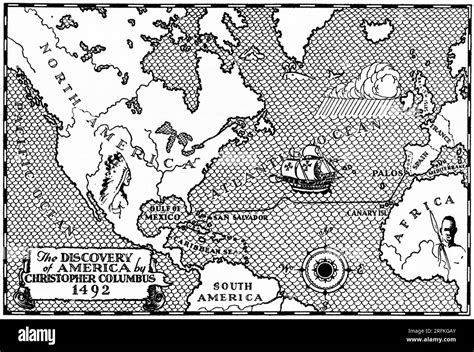 The Discovery of America by Christopher Columbus, 1492. A map plotting ...