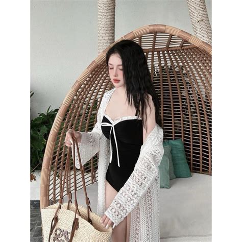 set Bikini kèm khoác đi biển 1 mảnh đồ bơi nữ liền thân 2 dây đính nơ