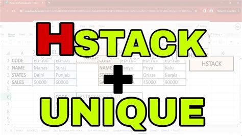 Hstack With Unique Function In Excel Youtube