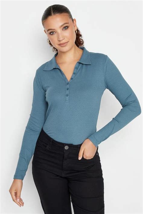 Lts Tall Blue Ribbed Button Detail Collared Top Long Tall Sally