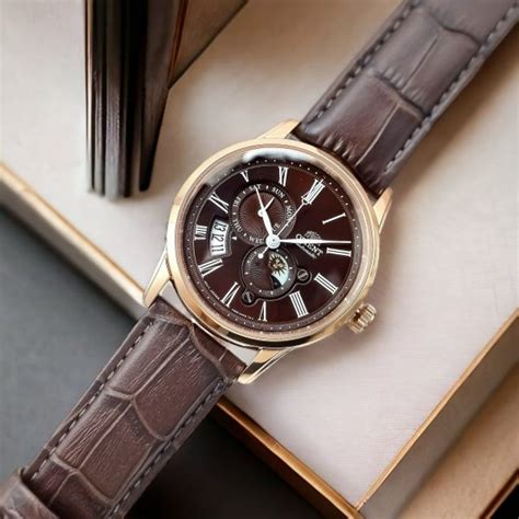 Orient Bambino Sun Moon Mechanical Brown Dial Brown Leather Strap Men