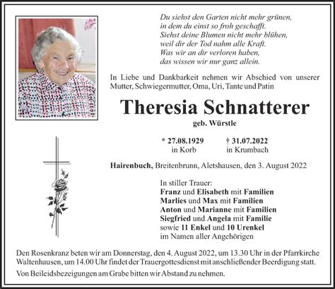 Traueranzeigen Von Theresia Schnatterer Augsburger Allgemeine Zeitung