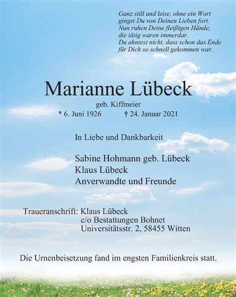 Traueranzeigen von Marianne Lübeck Trauer in NRW de