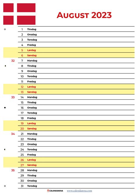 Kalender August 2023 Danmark Med Uger