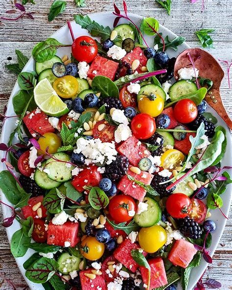 Watermelon Feta Salad With Cucumber Berries Tomatoes And Mint With