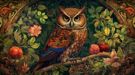 Premium Ai Image Painting Of An Owl Sitting On A Branch With Flowers And Leaves Generative Ai