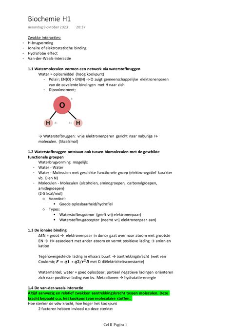 Biochemie H1 Notities Zwakke Interacties H Brugvorming Ionaire Of