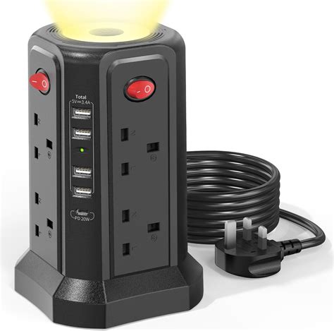 Black Extension Lead With USB Solts And Night Light 20W USB C Fast