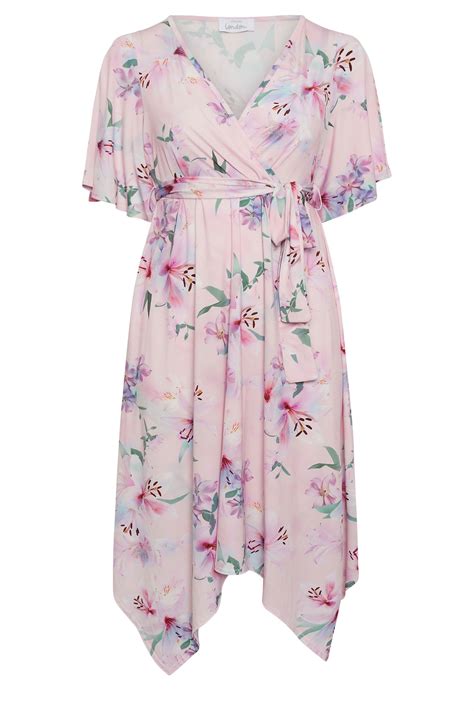 Yours London Plus Size Light Pink Floral Print Hanky Hem Wrap Dress