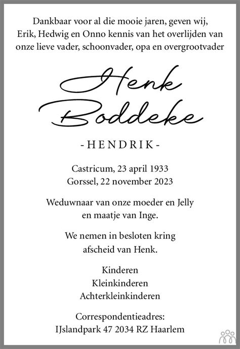 Henk Hendrik Boddeke Overlijdensbericht En Condoleances