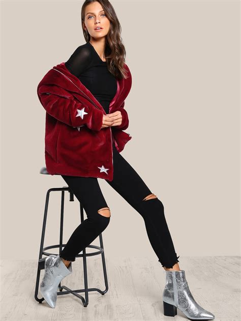 Star Print Faux Fur Hoodie Coat Shein Sheinside