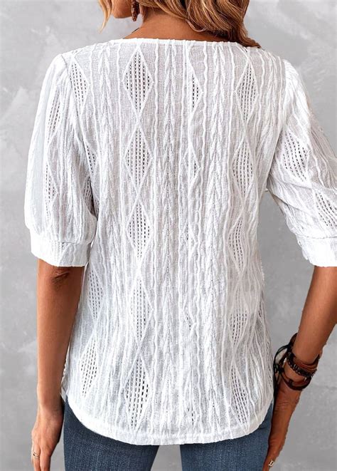 White Button Short Sleeve Round Neck Blouse Modlily USD 28 98