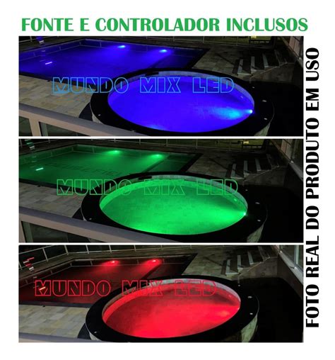 Kit 02 Luminária Piscina Led 9w 80mm Rgb Comando Fonte