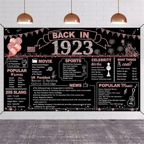 DARUNAXY 100th Birthday Rose Gold Party Decoration Back In 1923 Banner