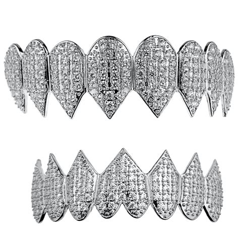 Shark Grillz 8 Top And Eight Bottom Teeth Set Silver Tone Iced Micro Pave