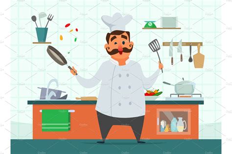 Chef cooking on the kitchen. Vector character in cartoon style ...