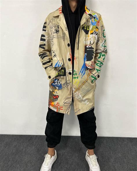 Streetwear Graffiti Print Trench Coat Men Street Art Trench Coat Street