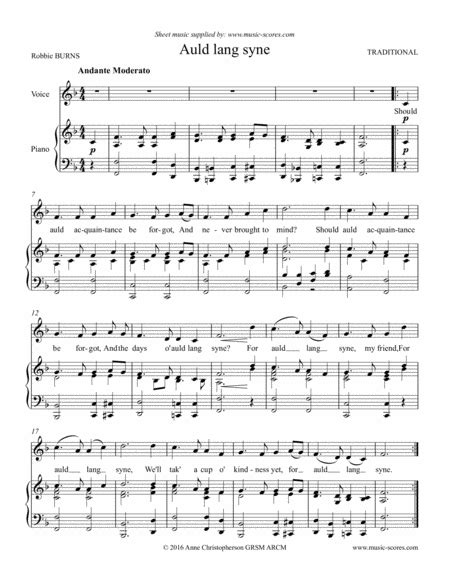 Auld Lang Syne Piano Sheet Music Traditional Piano And Vocal