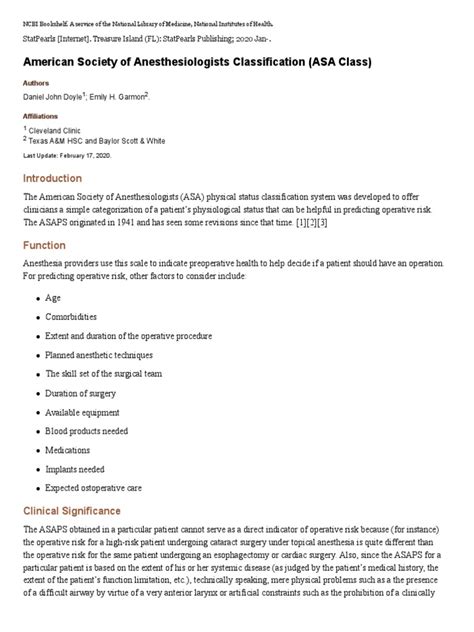 American Society of Anesthesiologists Classification (ASA Class) - StatPearls - NCBI Bookshelf ...