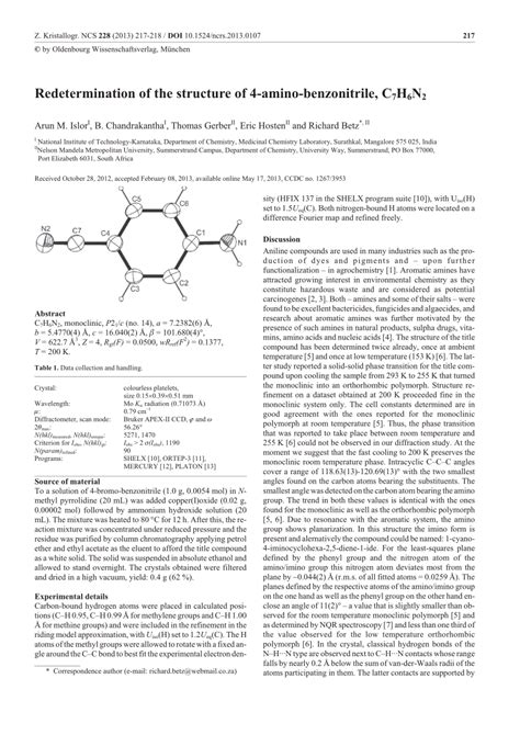 Pdf Redetermination Of The Structure Of Amino Benzonitrile C H N