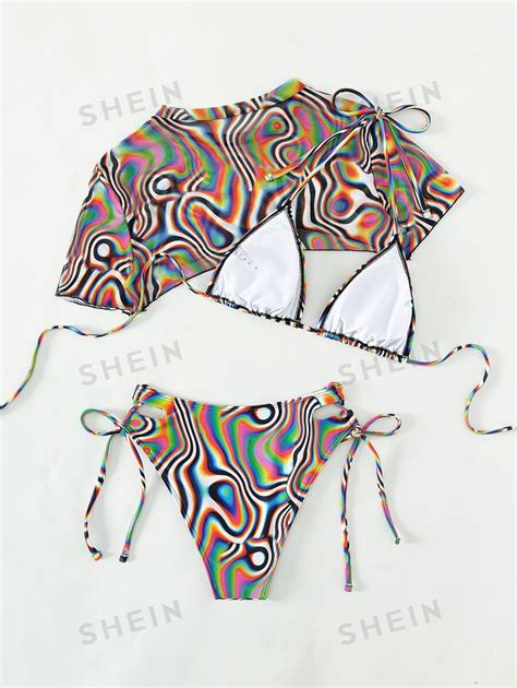 Shein Swim Sxy Summer Beach Marble Print Bikini Set Halter Triangle Bra