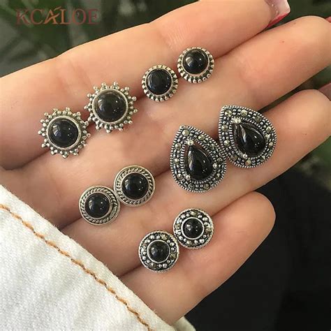 KCALOE 5 Pairs Set Vintage Black Stone Stud Earrings Set Ancient