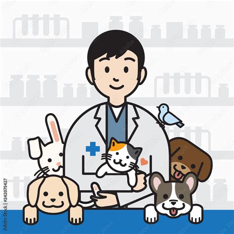 Male Veterinarian Surrounded With Pet In Vet Clinic Outline Cartoon